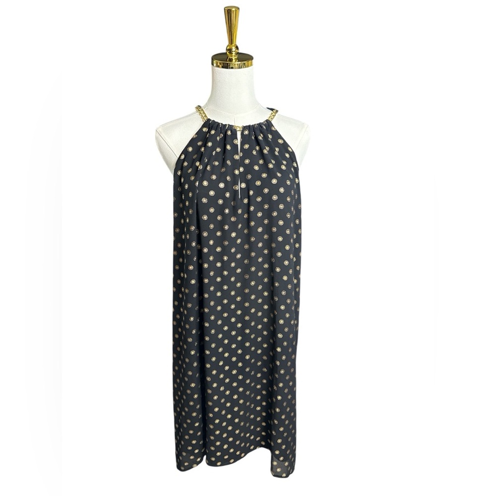 MICHAEL Michael Kors Black Halter Mini High Low Chain Dress  Foil Design Size XS
